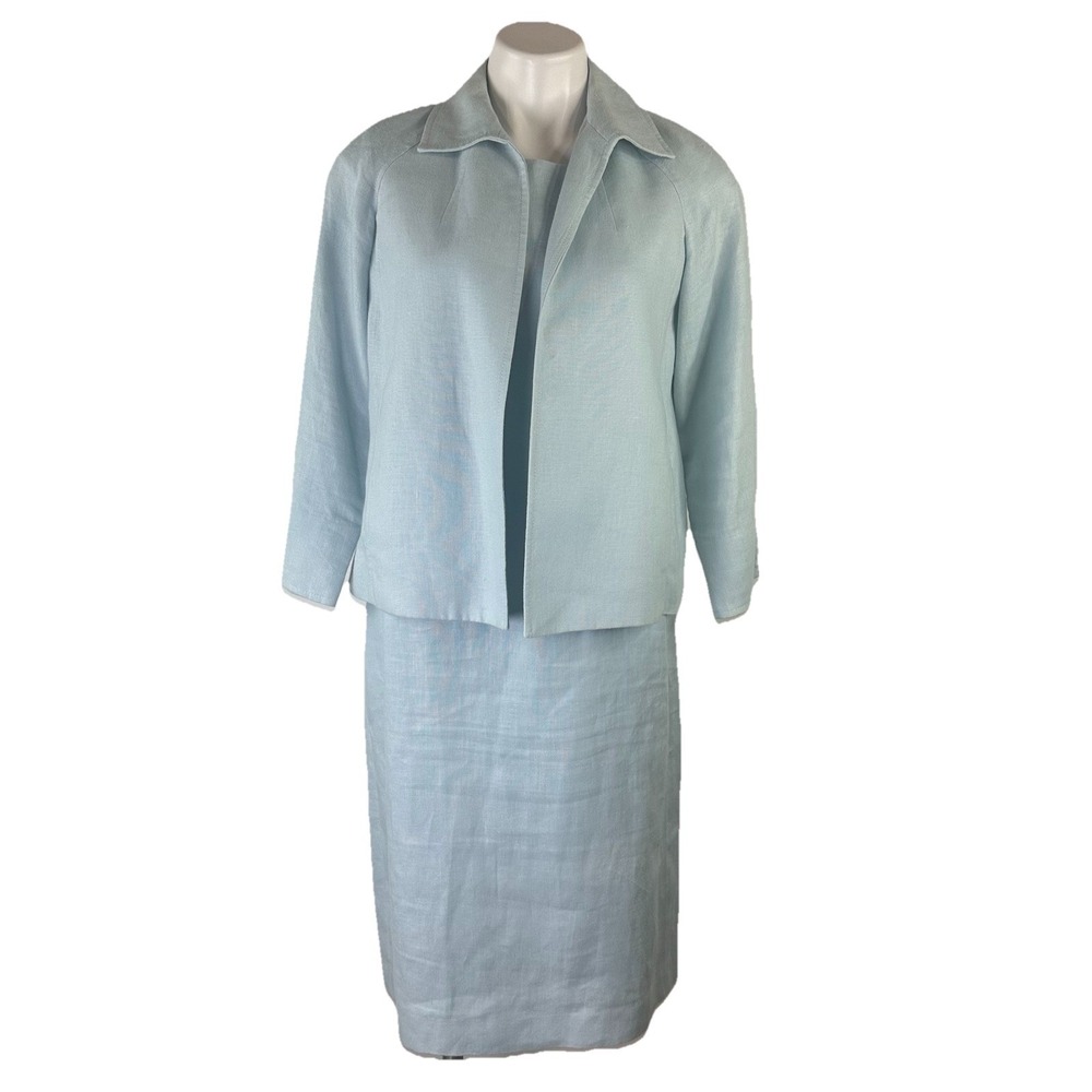 Talbots Linen Sleeveless Dress‎ Suit Set Blue Dress Women's 10 Jacket PS READ